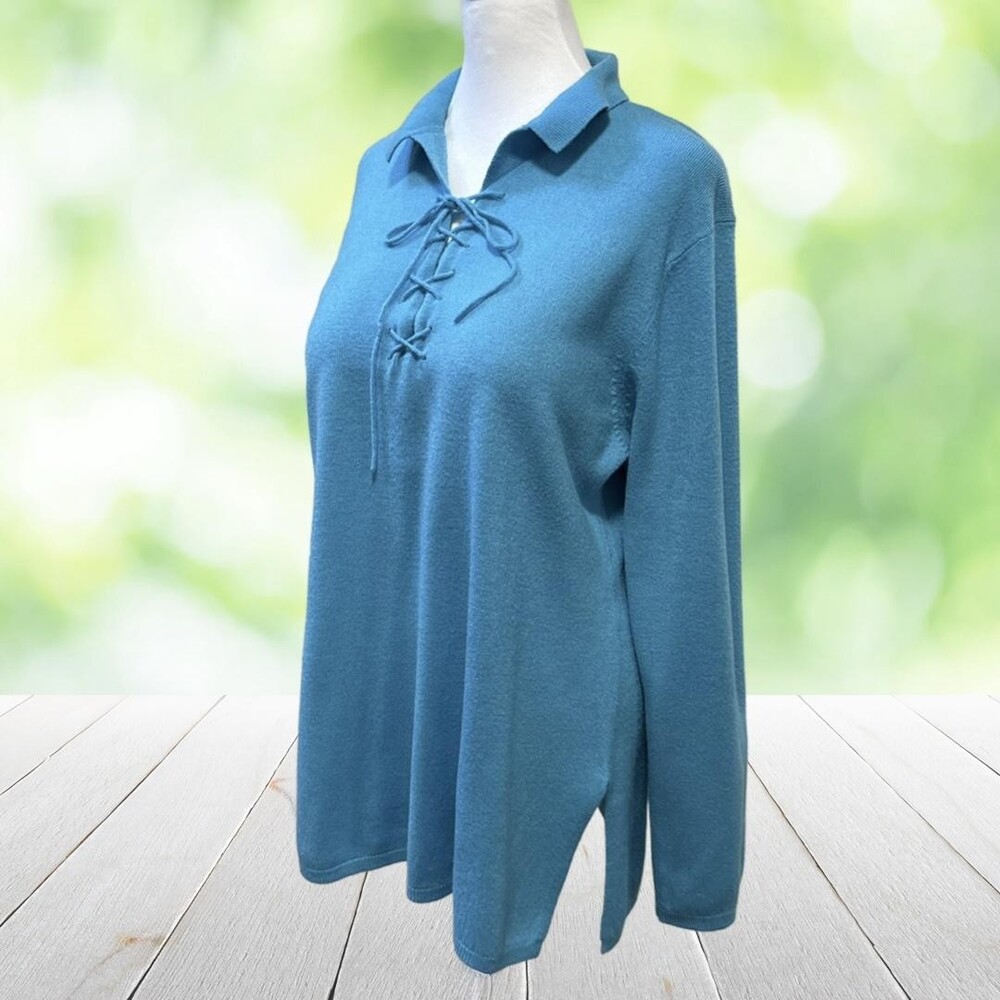 Vintage Lace Up Tunic Sweater Soft Fine Knit Collared Blue 90s Nautical Size L